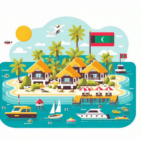 Flat design concept of Maldives travel vacation. Vector illustration.のイラスト素材