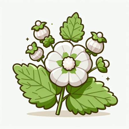 Illustration of a white flower with green leaves on a white backgroundのイラスト素材