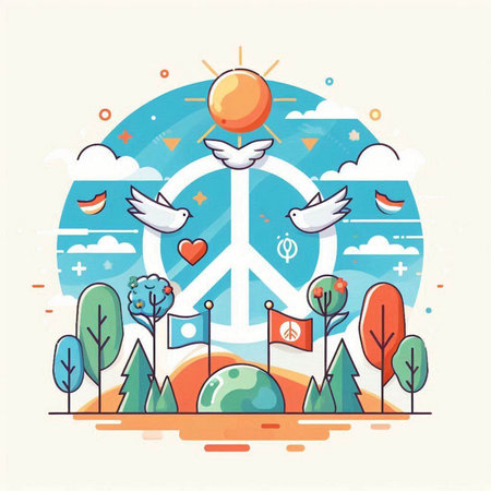 Vector illustration of peace symbol on the background of nature and trees.のイラスト素材