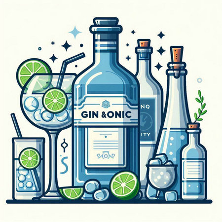 Vector illustration of a bottle of vodka with ice cubes, lime slices, olives and ice cubes.のイラスト素材