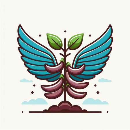 Vector illustration of a stylized winged plant with green leaves.のイラスト素材