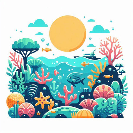 Underwater landscape with corals, algae and fish. Vector illustration.のイラスト素材