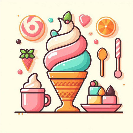 Colorful ice cream vector illustration. Ice cream in a waffle cup with spoon, fork, candies, strawberry, orange.のイラスト素材