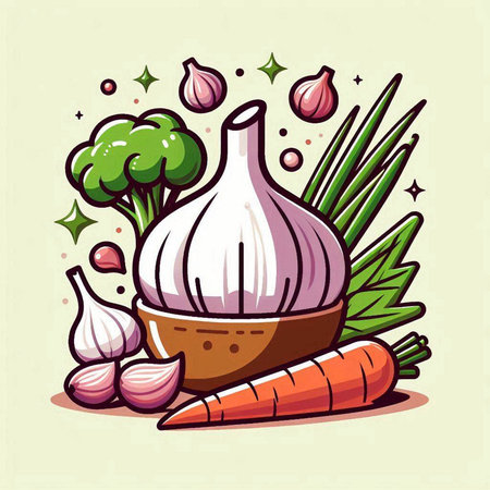 Garlic, carrot, onion and parsley, vector illustration.のイラスト素材