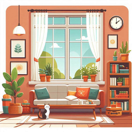 Living room interior with furniture, window and plants. Cozy home vector illustrationのイラスト素材