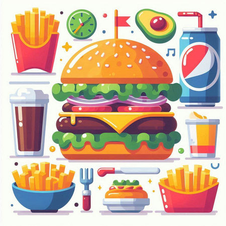 Fast food icons set. Hamburger, french fries, soda, cola, burger. Vector illustrationのイラスト素材