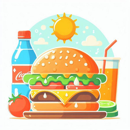 Fast food vector illustration. Hamburger, juice and fresh vegetables.のイラスト素材