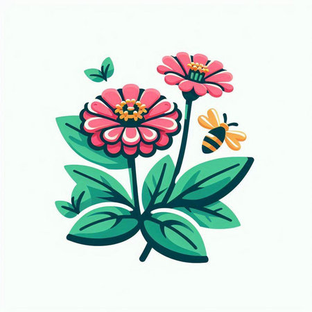 Zinnia flower and bee. Vector illustration isolated on white background.のイラスト素材