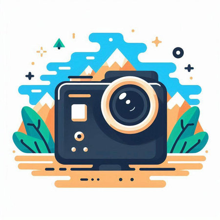 Camera in the mountains. Vector illustration in flat cartoon style. Isolated on white background.のイラスト素材