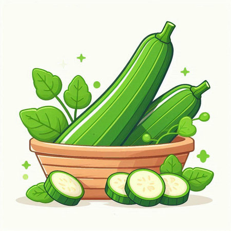 Illustration of fresh zucchini in a basket with green leavesのイラスト素材