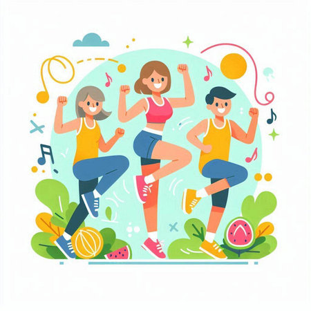 Sporty people running in the park. Vector illustration in flat styleのイラスト素材