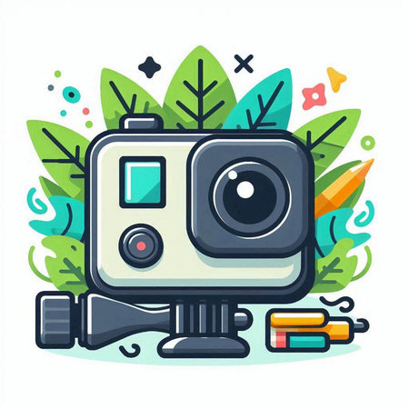 Vector illustration of a camera on a background of nature. Flat style.のイラスト素材