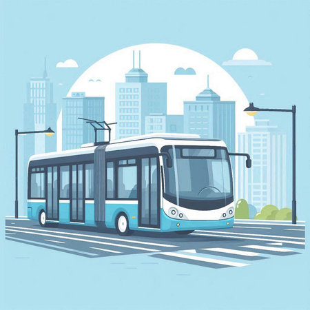 Modern city bus on the background of the city. Vector illustration.のイラスト素材