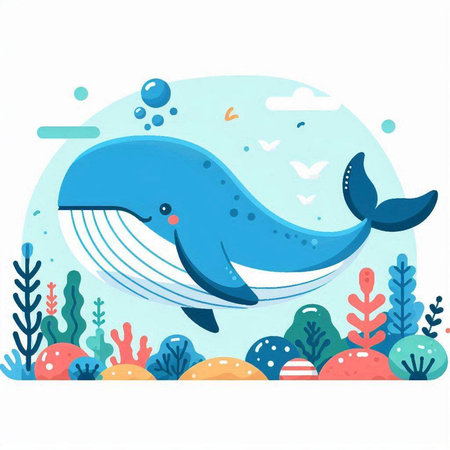 Cute cartoon blue whale swimming in the sea. Vector illustration.のイラスト素材