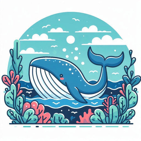 Vector illustration of cute cartoon whale in the sea. Vector illustration.のイラスト素材