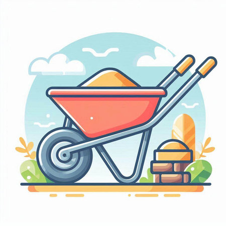 Wheelbarrow with soil. Construction equipment. Vector illustration in flat styleのイラスト素材