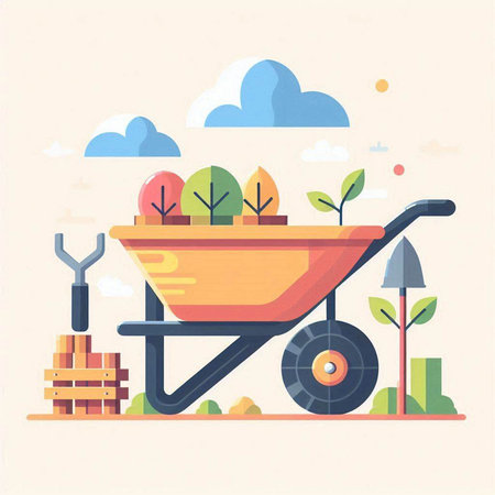 Garden wheelbarrow with plants. Flat style vector illustration.のイラスト素材