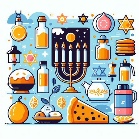 Vector illustration of Jewish holiday Hanukkah with menorah (traditional candelabra) and traditional symbols.のイラスト素材
