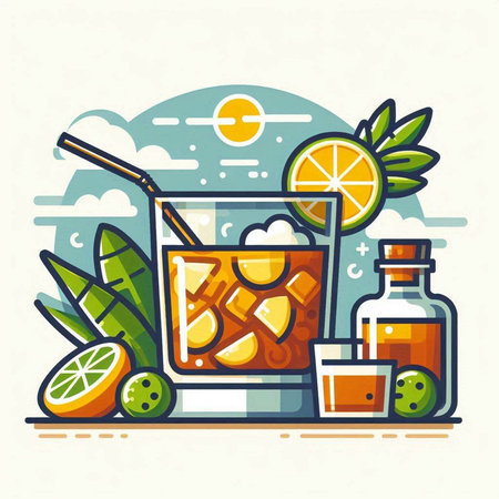Cocktail with ice, lemon and lime. Vector illustration.のイラスト素材