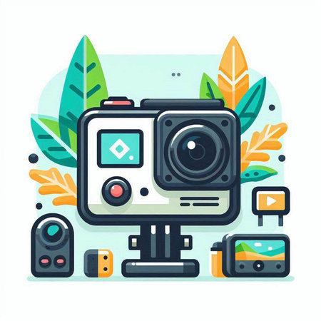 Photography equipment. Vector illustration in flat cartoon style. Camera, camera, speaker and leaves.のイラスト素材