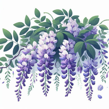 Wisteria flowers with leaves on white background. Vector illustration.のイラスト素材