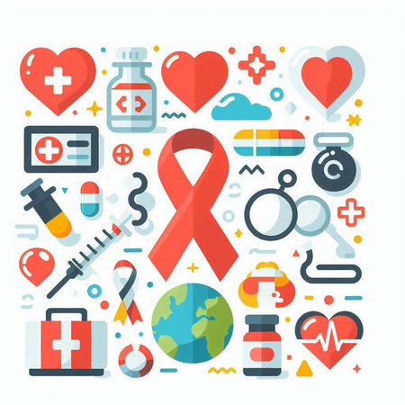 World AIDS day concept with red ribbon, medical icons. Vector illustrationのイラスト素材