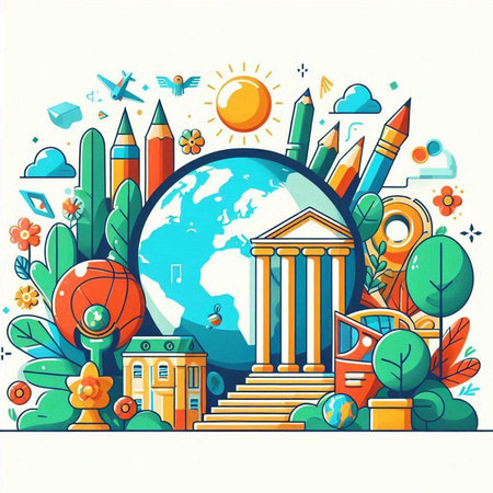 Back to school concept. Vector illustration in flat style with school building, globe, globe and other objects.のイラスト素材