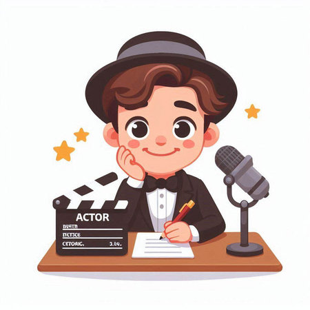 Cute cartoon boy in hat and bow tie writing a letter to a microphone. Vector illustrationのイラスト素材