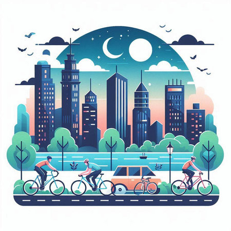 Cityscape with people riding bicycles, vector illustration in flat style.のイラスト素材