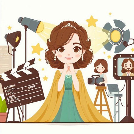Cute cartoon girl with movie clapper board. Vector illustration.のイラスト素材