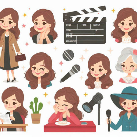 Cute cartoon karaoke girl vector illustration set. Cartoon karaoke girl character.のイラスト素材