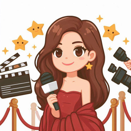 Cute cartoon girl in red dress with microphone and movie clapperのイラスト素材