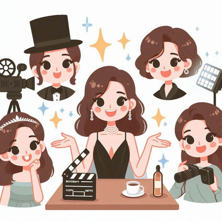 Illustration of a set of girls with different hairstyles and makeupのイラスト素材
