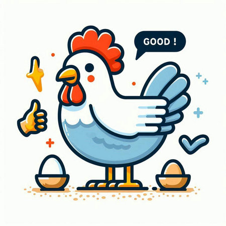 Vector illustration of cartoon character rooster with egg and thumb up.のイラスト素材