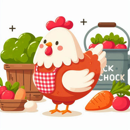 Cute chicken with basket of vegetables. Vector illustration in cartoon styleのイラスト素材