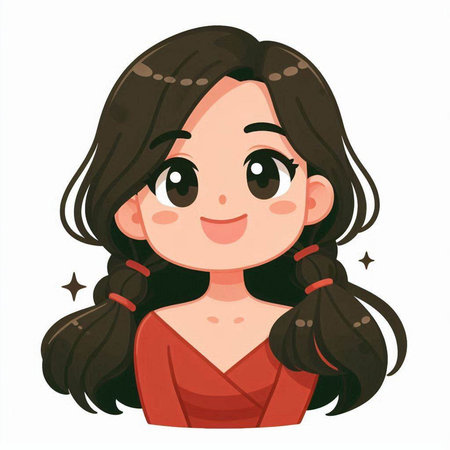 Illustration of a cute girl with long hair in a red dressのイラスト素材