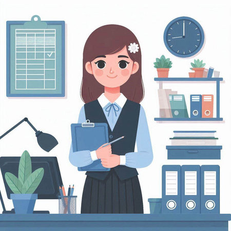 Business woman working in office. Vector illustration of businesswoman in office.のイラスト素材