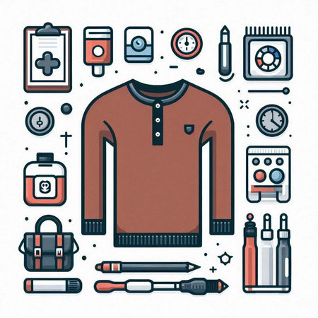 Vector set of hipster fashion icons in thin line style: t-shirt, bag, pencils, stationery, etc.のイラスト素材