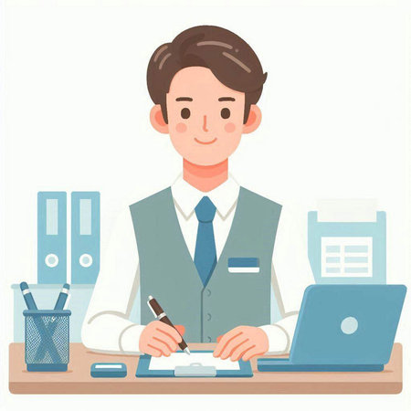 Illustration of a young man working at his desk in the officeのイラスト素材