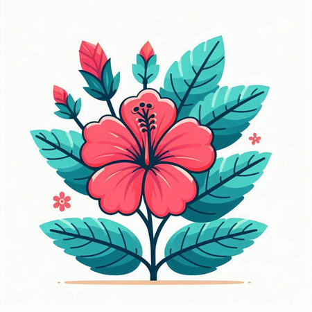 Hibiscus flower with leaves. Vector illustration in flat style.のイラスト素材