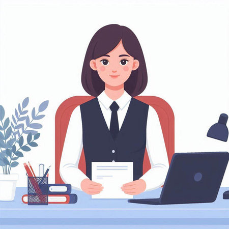 Businesswoman sitting at the desk in the office. Vector illustration.のイラスト素材