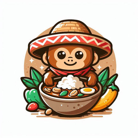 Cute monkey in sombrero eating rice. Vector illustration.のイラスト素材