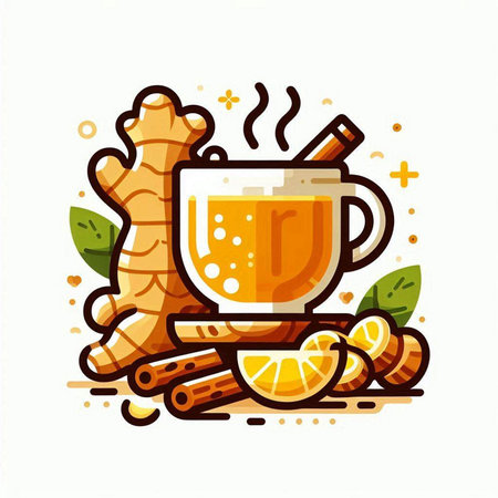 Cup of ginger tea with cinnamon and lemon. Vector illustration.のイラスト素材