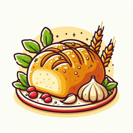 Baked bread with herbs and spices on a plate. Vector illustration.のイラスト素材