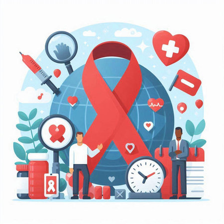 World AIDS Day concept with red ribbon and people. Vector illustration.のイラスト素材