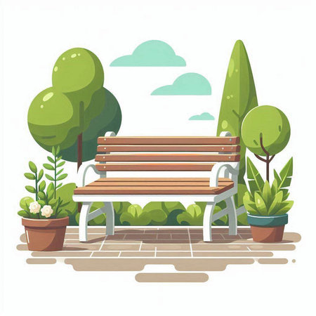 Wooden bench in the park. Vector illustration in cartoon style.のイラスト素材