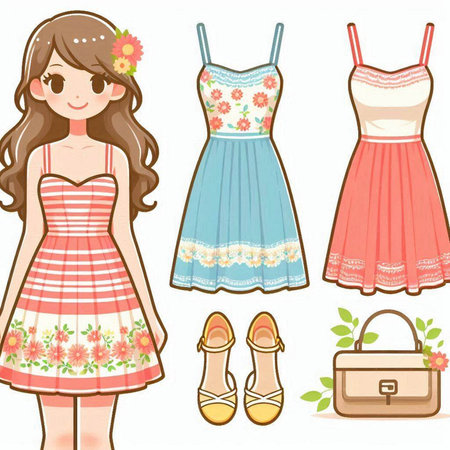 Beautiful girl with summer dress and fashion accessories. Vector illustration.のイラスト素材