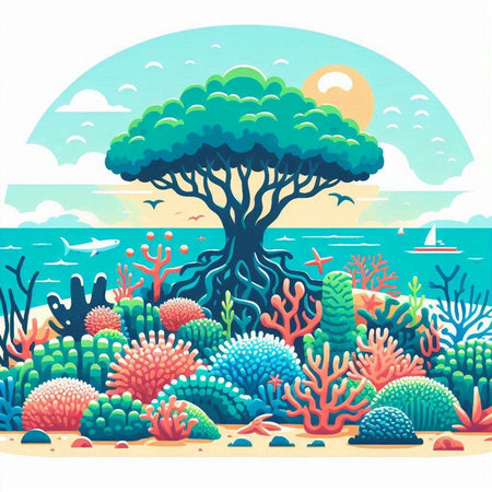 Coral reef and tree on the seashore. Vector illustration.のイラスト素材