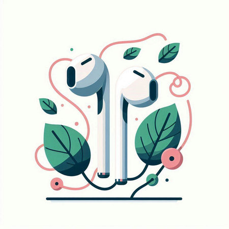 Modern flat design vector illustration concept of wireless headphones and green leaves.のイラスト素材