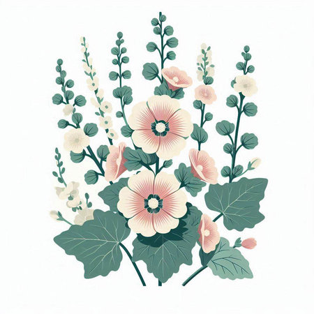Watercolor illustration of a bouquet of mallow flowers and leaves.のイラスト素材